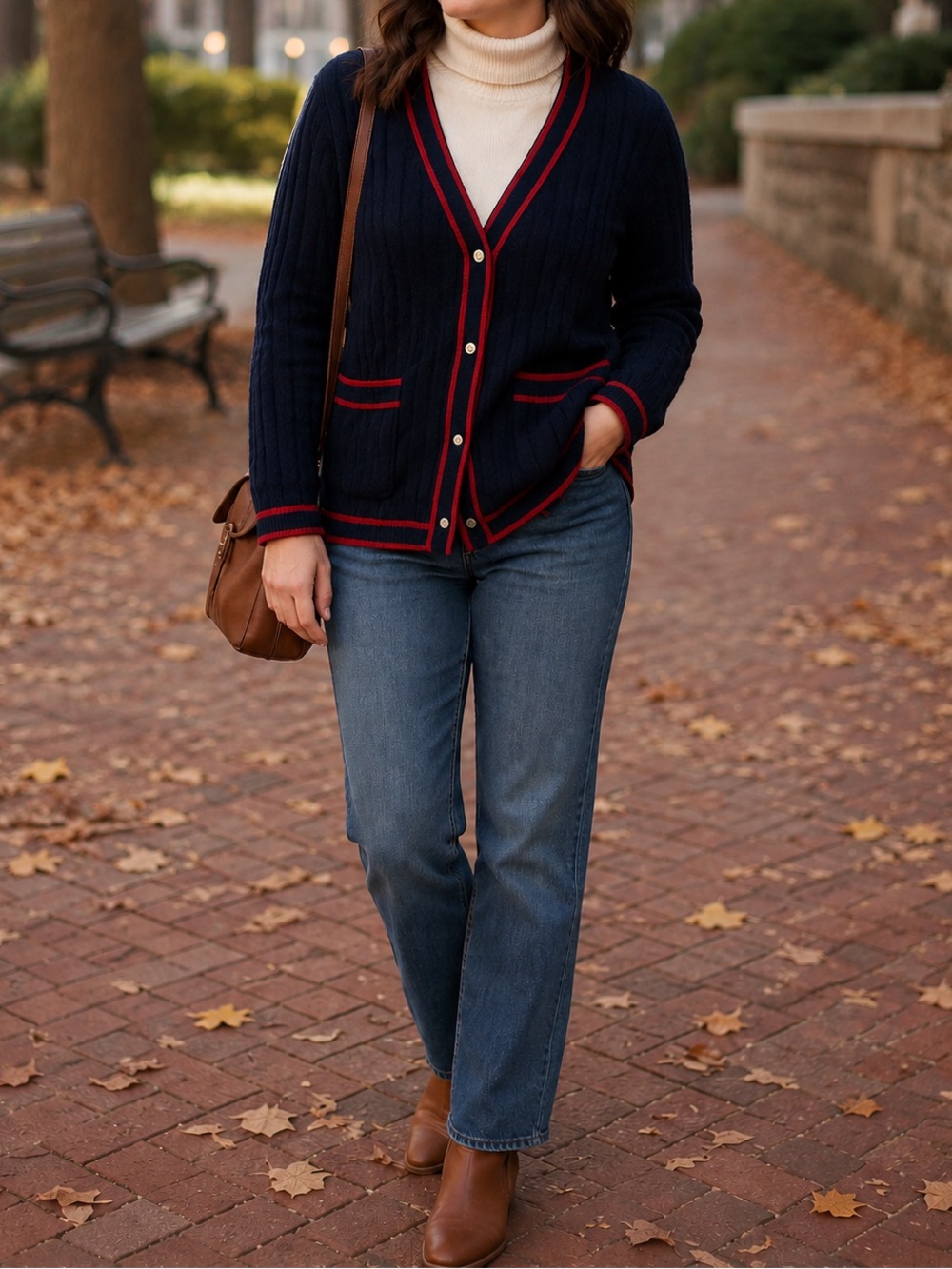 Talbots Women’s XL Petite Navy Red Trim Preppy Long Sleeve Button‑Front Cardigan